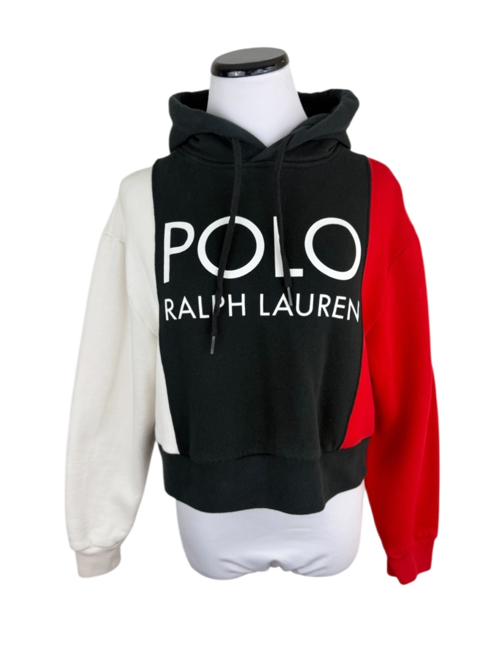 Polo Ralph Lauren Crop Hoodie Sweatshirt Red White Black Color Block Size XS
